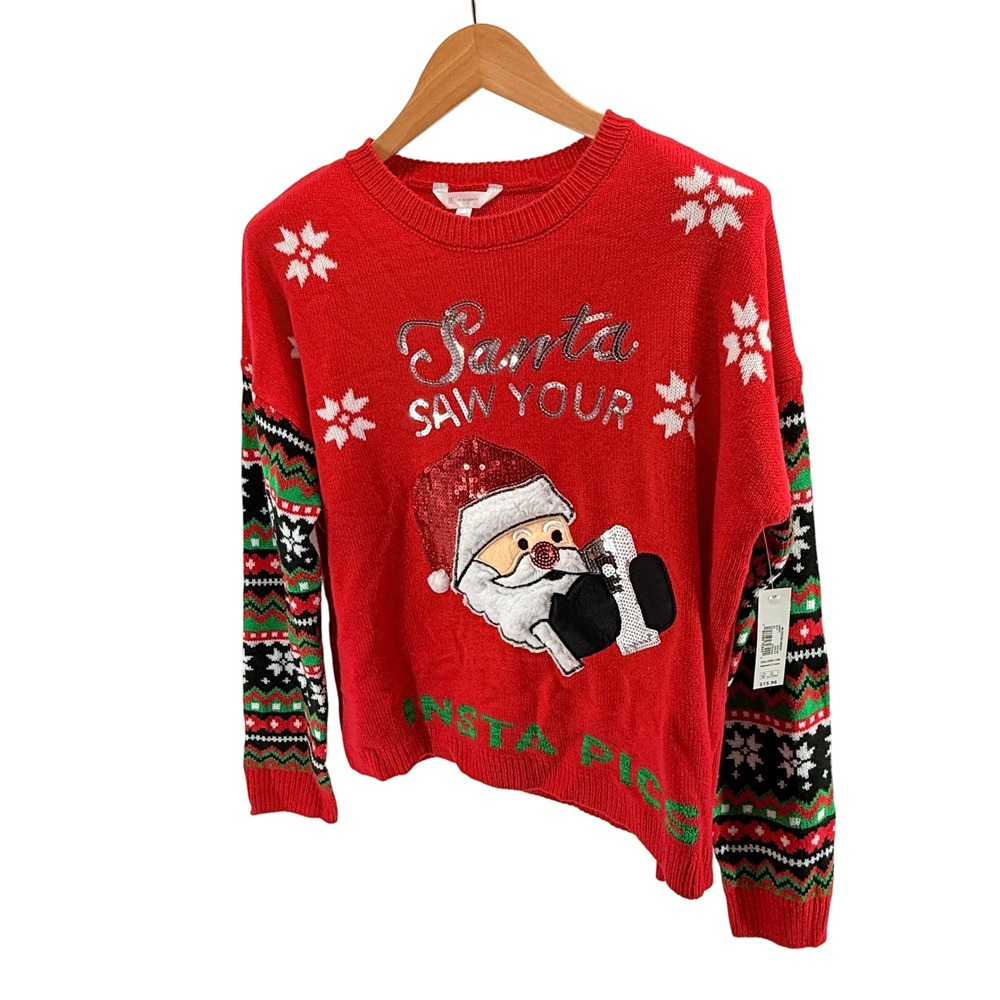 NWT No Boundaries XXL Red‎ Christmas Sweater Santa Favorite Reindeer Sequin